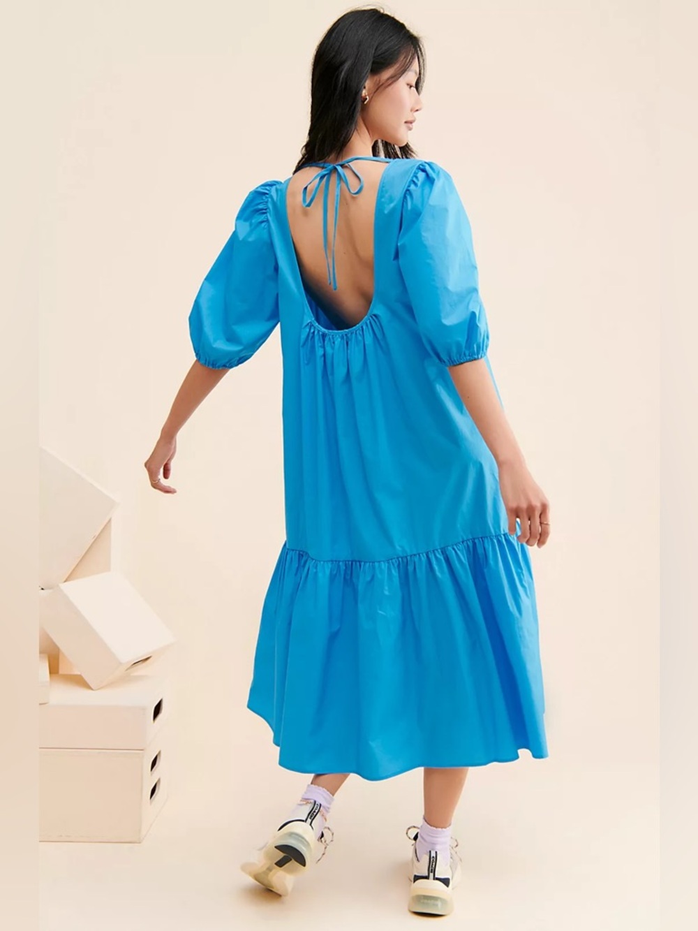 JUST FEMALE Free People Park 100% Organic Cotton Puff Sleeve Midi Dress EU 40 M - Picture 2 of 12